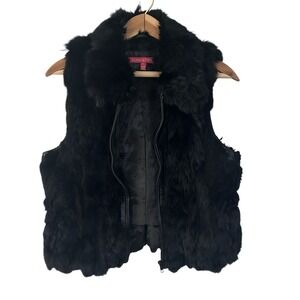 Women's Genuine Rabbit Fur Vest Black Zip Front Soft Plush Fully Lined Size M